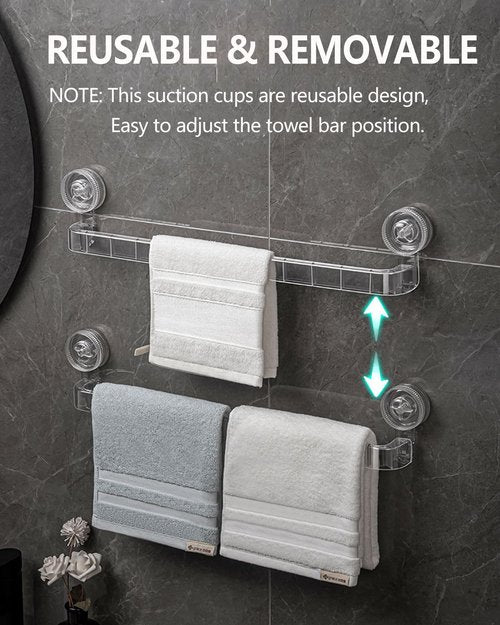 NEELEEN Suction Cup Towel bar - 21 Inch Removable No Drill Suction Towel Bar with Strong Suction & Reusable Adhesive Suction Towel Rack for Shower Bathroom Kitchen - Clear