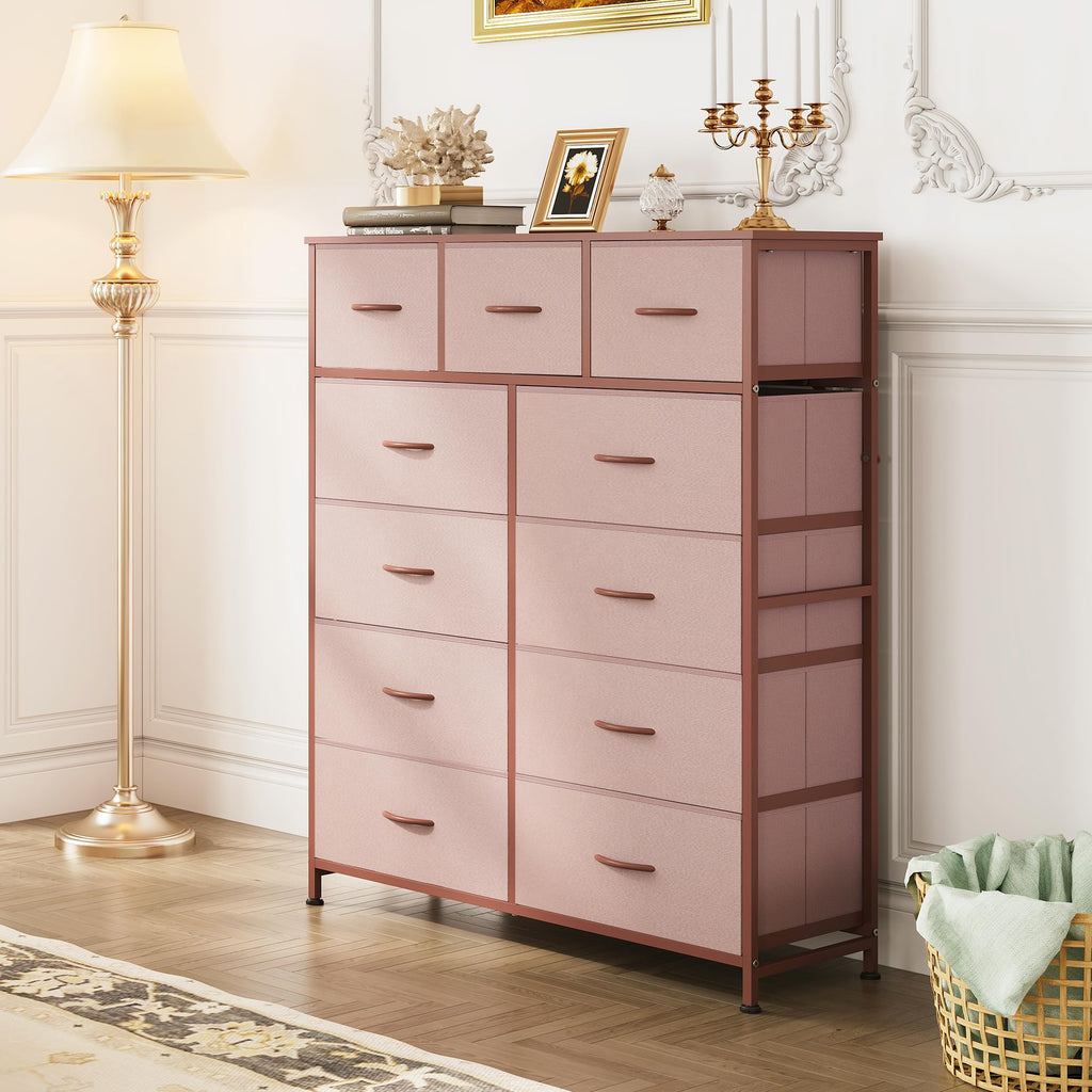 WLIVE Tall Dresser for Bedroom, Fabric Dresser Storage Tower, Chest of Drawers Organizer Unit with 11 Drawers, Storage Cabinet, Hallway, Closets, Steel Frame, Wood Top, Pink