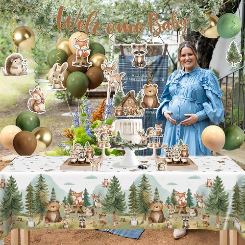 Woodland Baby Shower Decorations Plates Set,184Pcs Baby Boy Woodland Forest Animals Plates Napkins Cups Forks Tablecloth Balloons Banner Hanging Swirls Cupcake Toppers, 25 Guests
