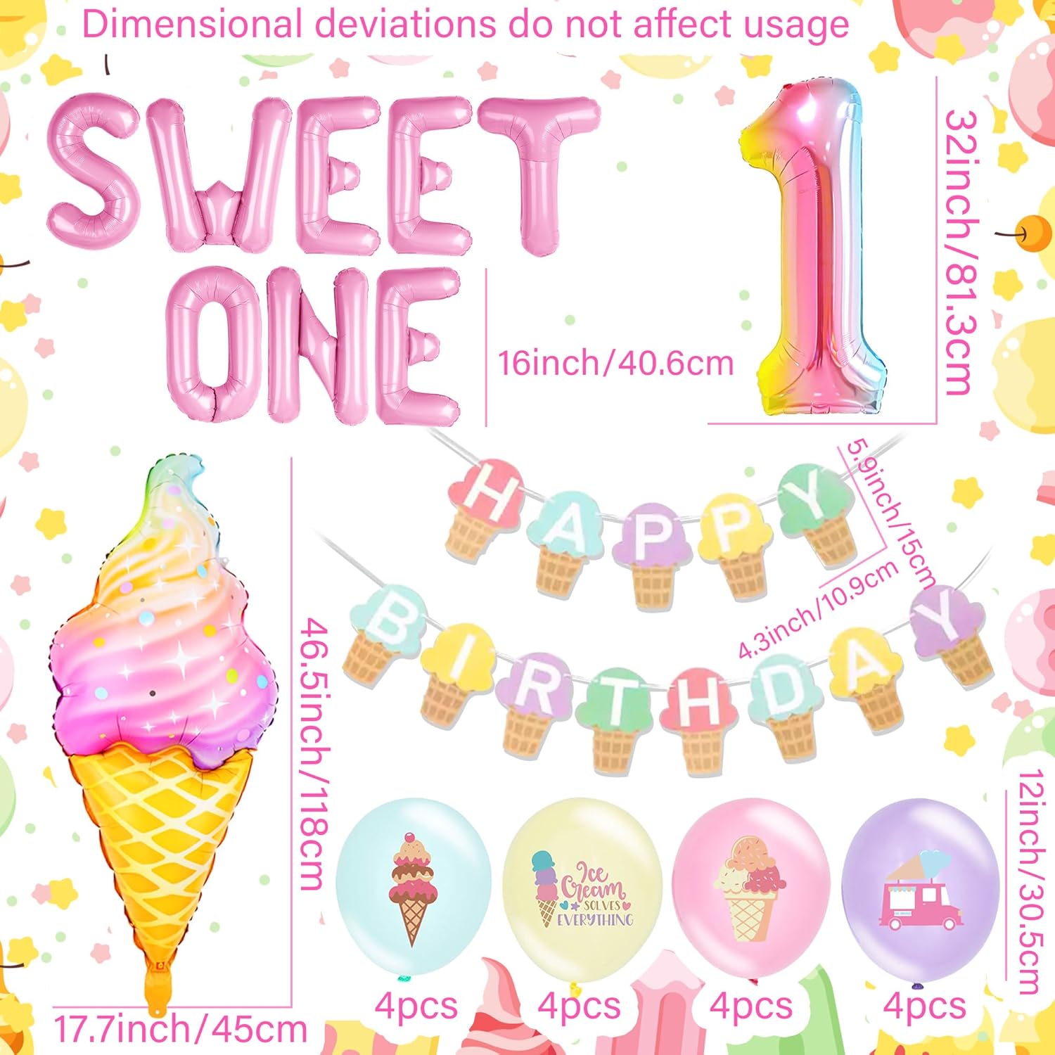 Sweet One 1st Birthday Decorations for Girls - Donut & Ice Cream Theme Party Supplies Set