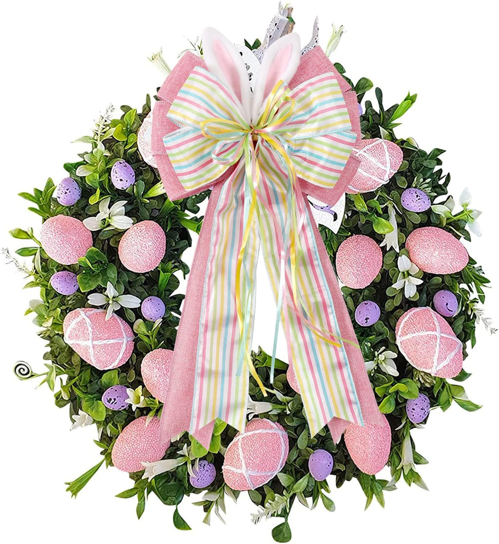 Skiennix Easter Bows for Wreaths - Decorative Pink Burlap Bow with Bunny Ears for Spring Decor