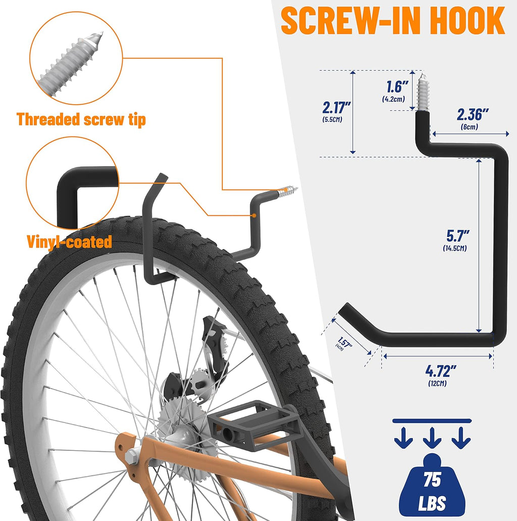 POETISKE Heavy-Duty Screw-In Ladder Bike Hooks - Wall-Mounted Ceiling Hanger | 4-Pack Vinyl Coated
