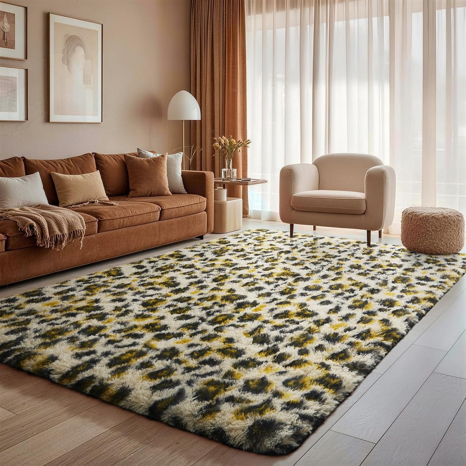 Ophanie Leopard Print Rug - Fluffy Shaggy Soft Throw for Bedroom & Living Room | Large 4x6 Size