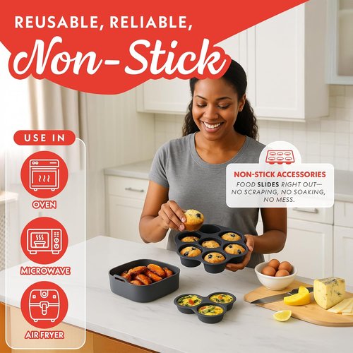 Gourmia Air Fryer Accessories Set - 3-Piece Silicone Liner & Egg Bite Cooker | BPA-Free, Nonstick, Heat Resistant
