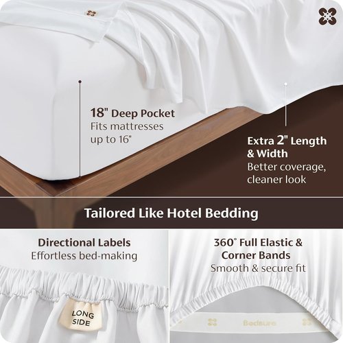 Bedsure 100% Giza Egyptian Cotton King Size Sheets - Silky Luxury Hotel Quality, 18-Inch Deep Pocket, White