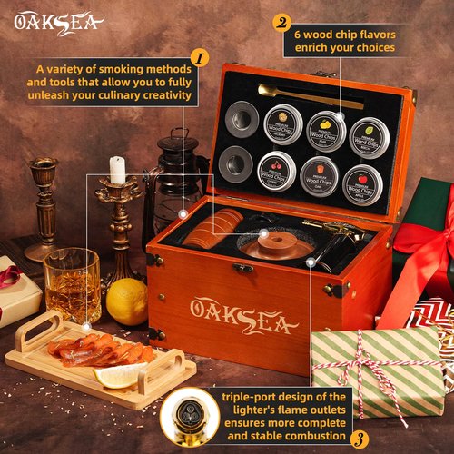 Old Fashioned Smoker Kit, Whiskey Smoker Kit, Gifts for Men Dad Him Stocking Stuffers, Smoker Box with Food Tray, 6PCS Flavor Wood Chips, Cocktail Smoker Kit (Butan Not Required)