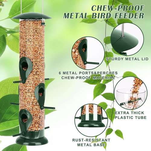 FEED GARDEN Metal Bird Feeder - 6-Port Squirrel Proof Tube Feeder, Weather Resistant, 13 Inch
