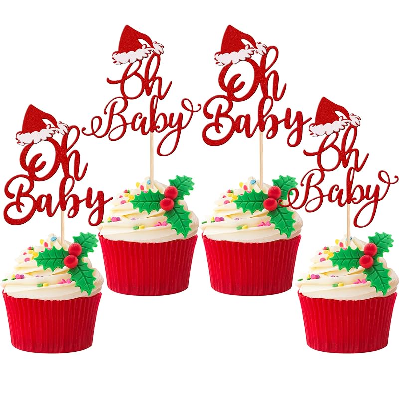 Oh Baby Cupcake Toppers 24 Pcs Red Glitter Santa Hat - Design 6 for Merry Christmas Baby Shower