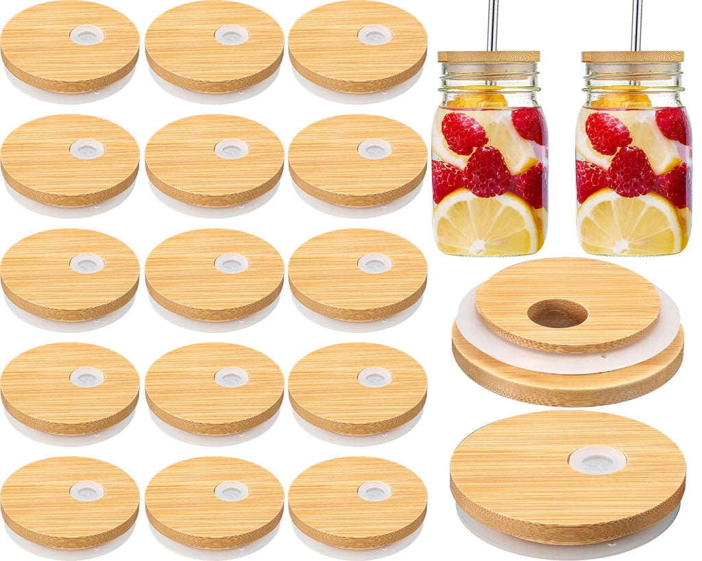 Sieral 70mm Bamboo Jar Lids with Straw Hole for Glass Cups Reusable Wooden Mason Jar Lids for Beer Can Cups, 2.76 Inch Canning cover with Silicone Ring for Regular Mouth Drinking Jars(80 Pcs)