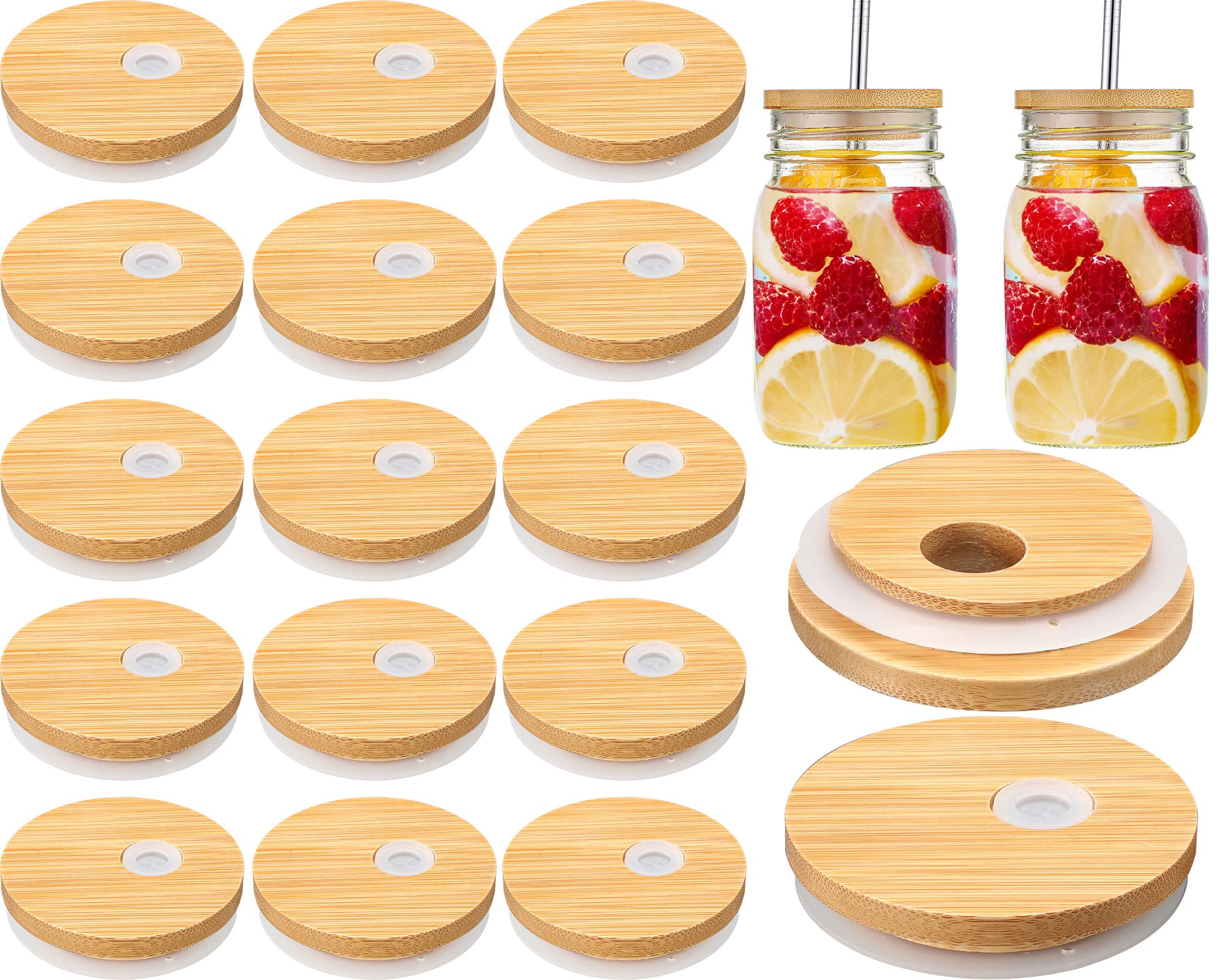 Sieral 70mm Bamboo Jar Lids with Straw Hole for Glass Cups Reusable Wooden Mason Jar Lids for Beer Can Cups, 2.76 Inch Canning cover with Silicone Ring for Regular Mouth Drinking Jars(80 Pcs)