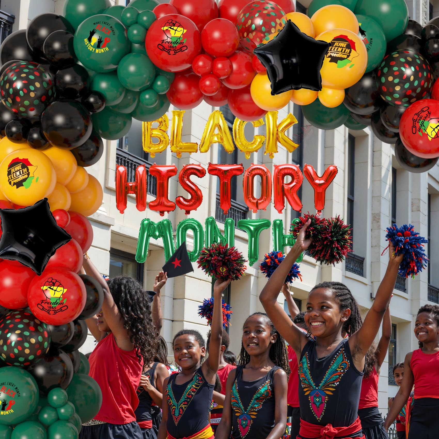 Ouddy Life 154Pcs Black History Month Decorations, History Month Balloons with Green Red Yellow Black History Printed Letter Stars Foil Balloon for African American