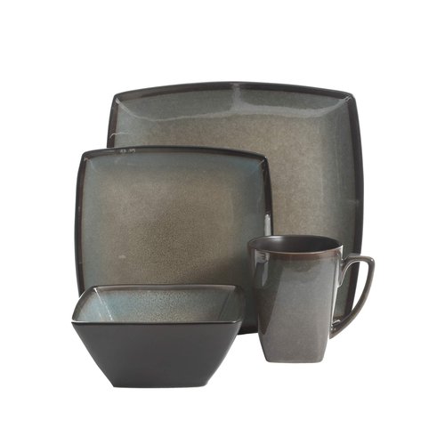 Gibson Elite Tequesta Square Reactive Glaze Stoneware Plates and Bowls Dishes Dinnerware Set, Service for 4 (16pcs), Taupe
