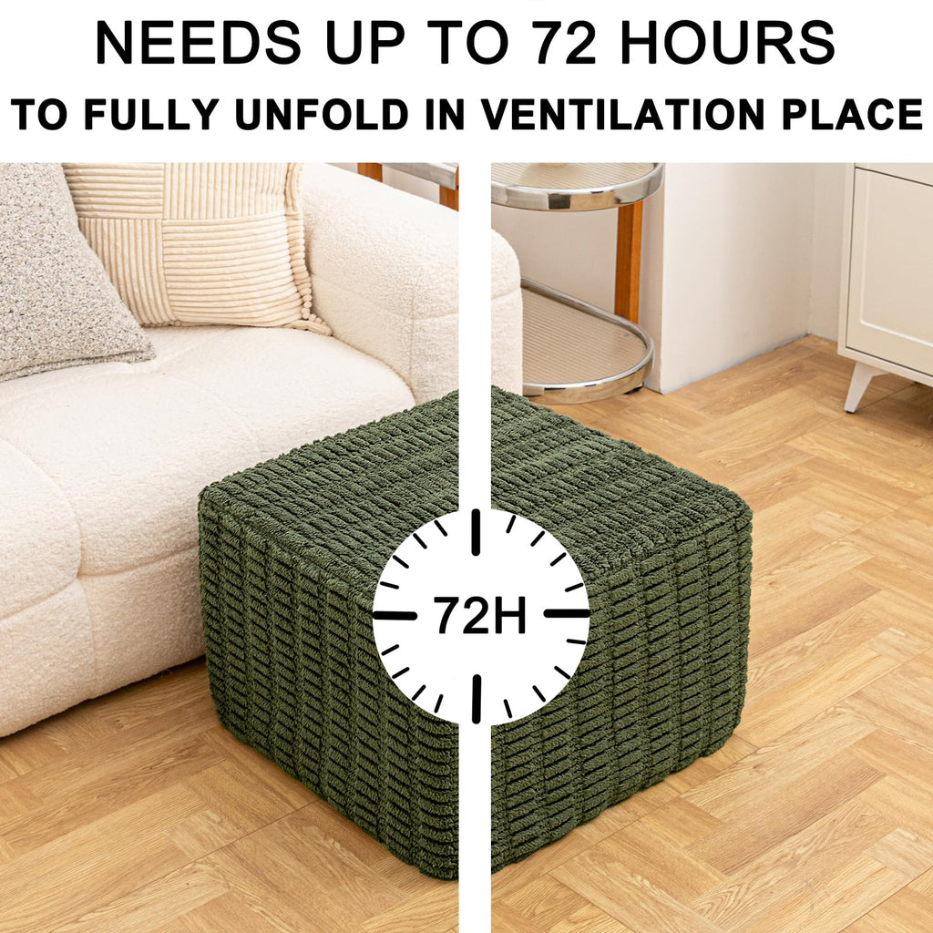 Poofieotto 20x20x14 Inches Fluffy Square Pouf Ottoman - Plush Furry Boneless Ottoman Foot Rest Stool with High-Density Foam, Versatile Floor Seating for Living Room (Green)