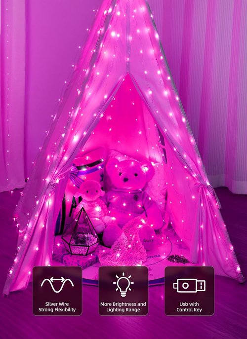 Brightown 300 LED Pink Fairy Curtain Lights - 9.8ft String Lights with Remote & 8 Modes for Indoor/Outdoor Decor