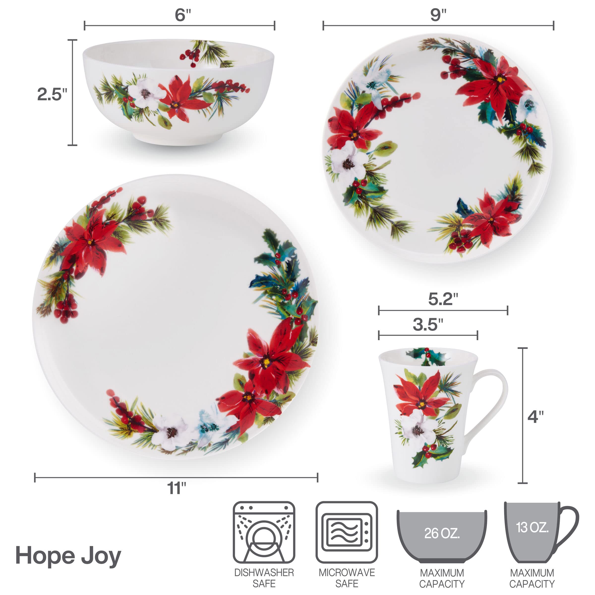 Mikasa Hope Joy Holiday Poinsettia Bone China Lightweight Chip Resistant 16 Piece Dinnerware Set, Service for 4, Multicolor