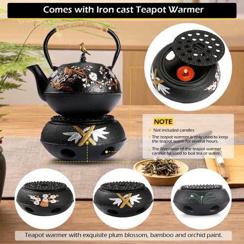 Dyna-Living Cast Iron Teapot with Warmer Japanese Tea Kettle 720ml/24.5oz Japanese Cast Iron Teapot Set with 2 Tea Cups Tea Pot with Infuser Tea Kettle for Wood Stove or Stovetop