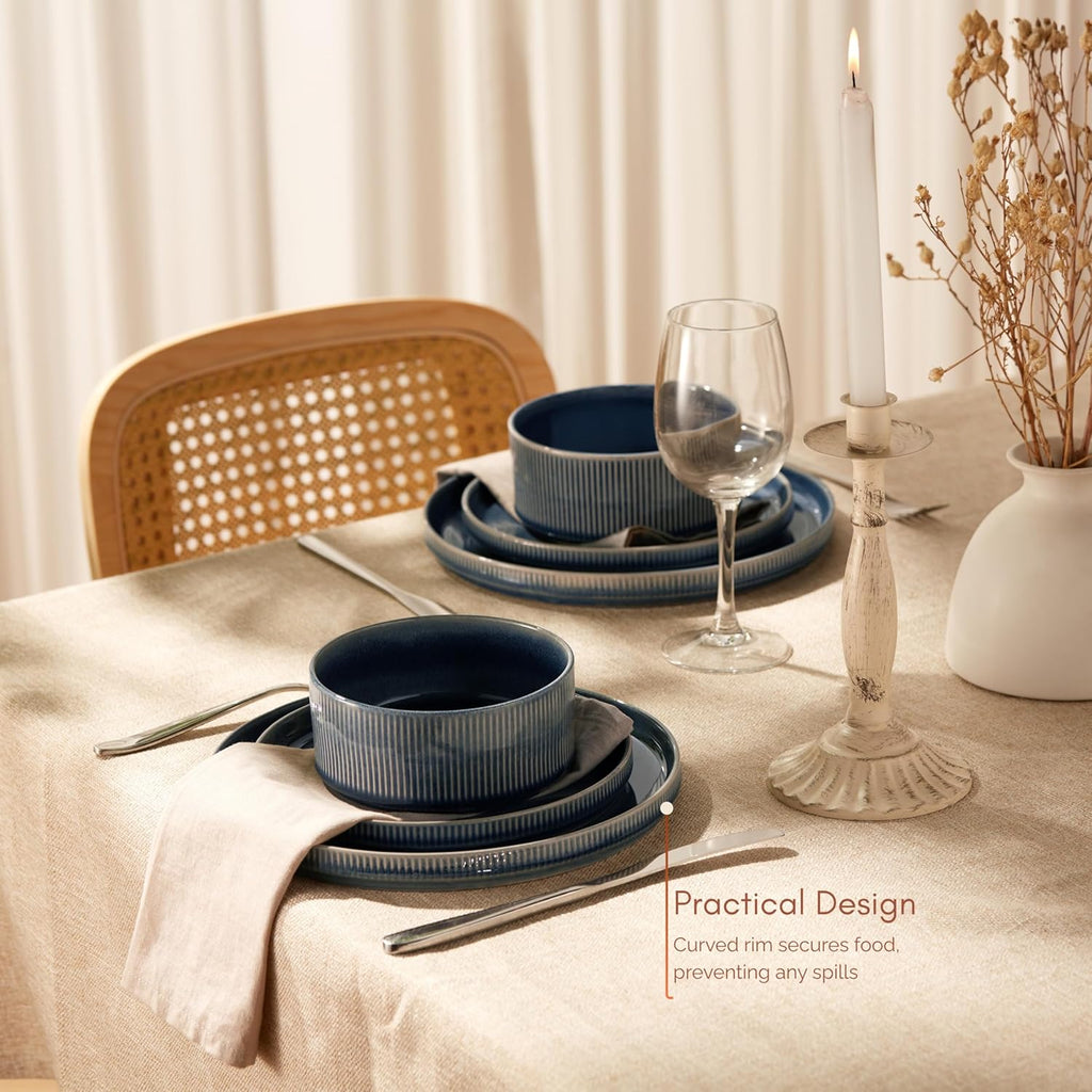 Vase and Vessel Ceramic Dinnerware Set - 12-Piece Service for 4 | Ombre Reactive Glaze, Durable Stoneware, Denim