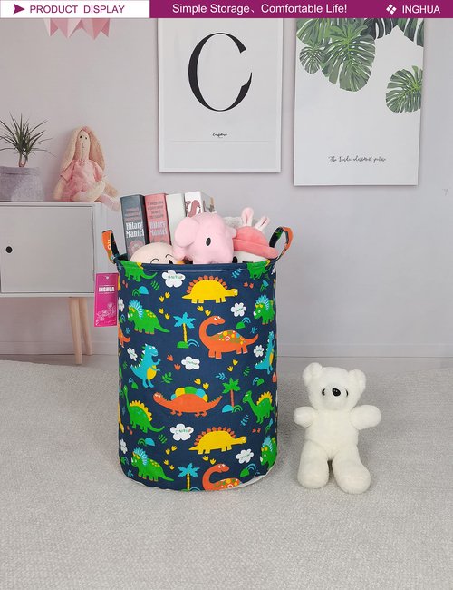 INGHUA Laundry Hamper Large Canvas Fabric Lightweight Storage Basket/Toy Organizer/Dirty Clothes Collapsible Waterproof for College Dorms, Boys and Girls Bedroom,Bathroom (Forest Dinosaurs)