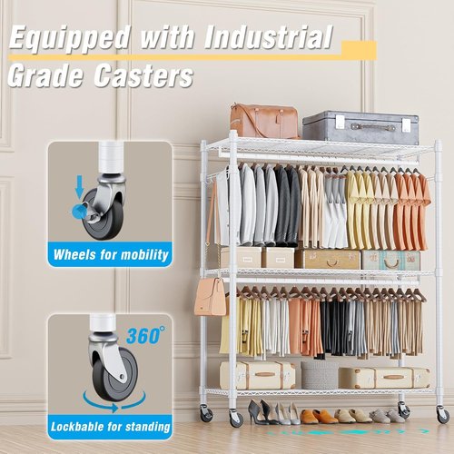 Homdox 3-Tier Garment Rack - Portable Heavy-Duty Closet Organizer with Wheels & Double Hanger Rods | White
