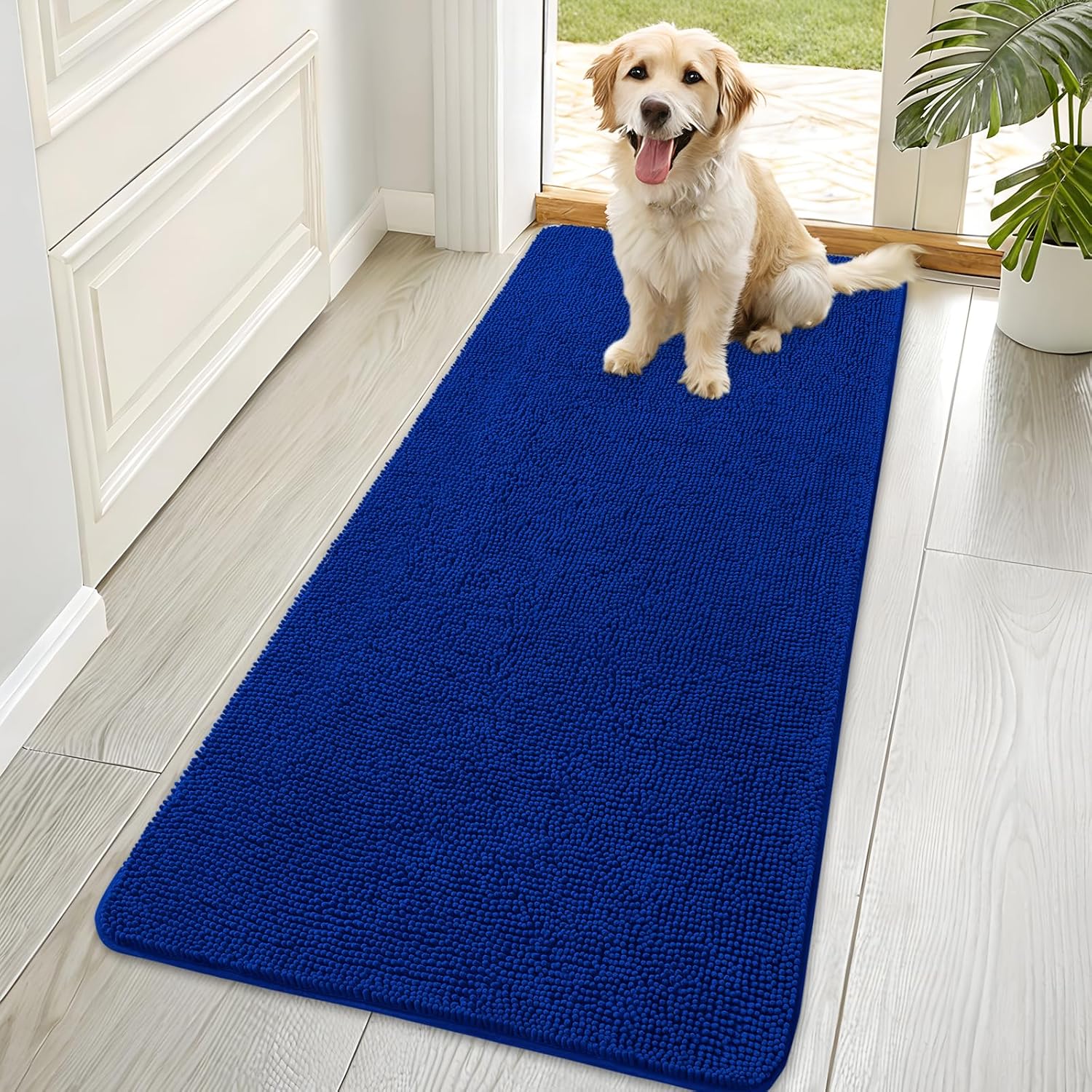 OLANLY Dog Door Mat - Absorbent Non-Slip Mud Mat for Indoor Use | Quick Dry Chenille, 70x35, Royal Blue