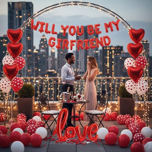 Will You Be My Girlfriend Balloon Letters in Red with Heart Foil Balloons, Rose Petals, Printed Balloons – Romantic Room Setup for Proposal, Be My Girlfriend Sign, Valentine’s Day Decorations