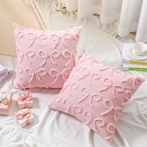 SmoothNovelty Pink Bow Pillow Covers 18x18 Set of 2 Coquette Preppy Room Decor Stuff Decorative Embroidered Pillow Cases Cute Aesthetic Fluffy Plush Bowknot Cushion Covers for Bedroom Couch Sofa