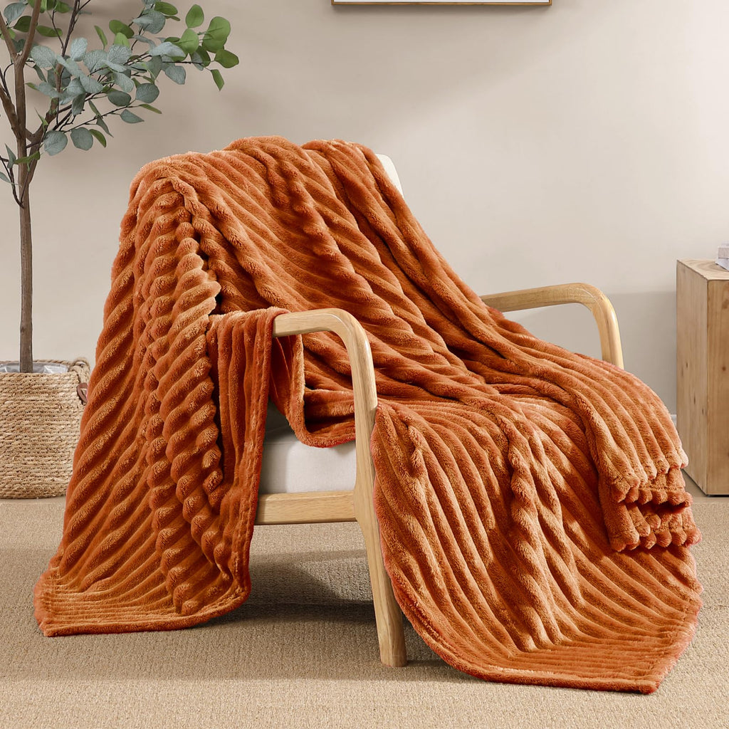 Geniospin Throw Blanket for Couch, Bed, Sofa – 280GSM Super Soft Lightweight Blanket with Stripe, 3D Ribbed Jacquard Blanket, Plush Fuzzy Cozy Throws, Warm and Breathable (Burnt Orange, 50x60 inches)