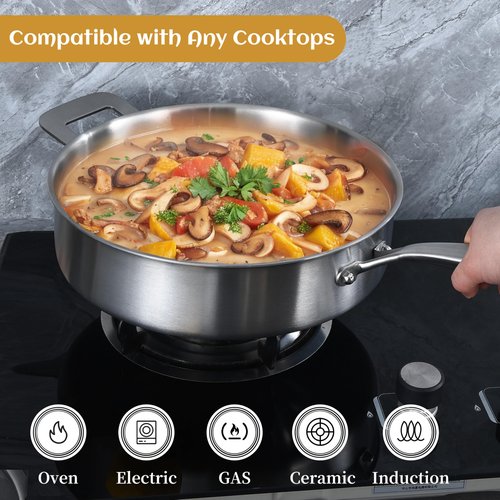 LOLYKITCH Sauté Pan, 6QT Tri-Ply Stainless Steel Deep Cooking Pan, 12 Inch Everyday Pan with Lid, Large Induction Frying Skillet Compatible with All Cooktops, Two Ergonomic Handles for Conversion