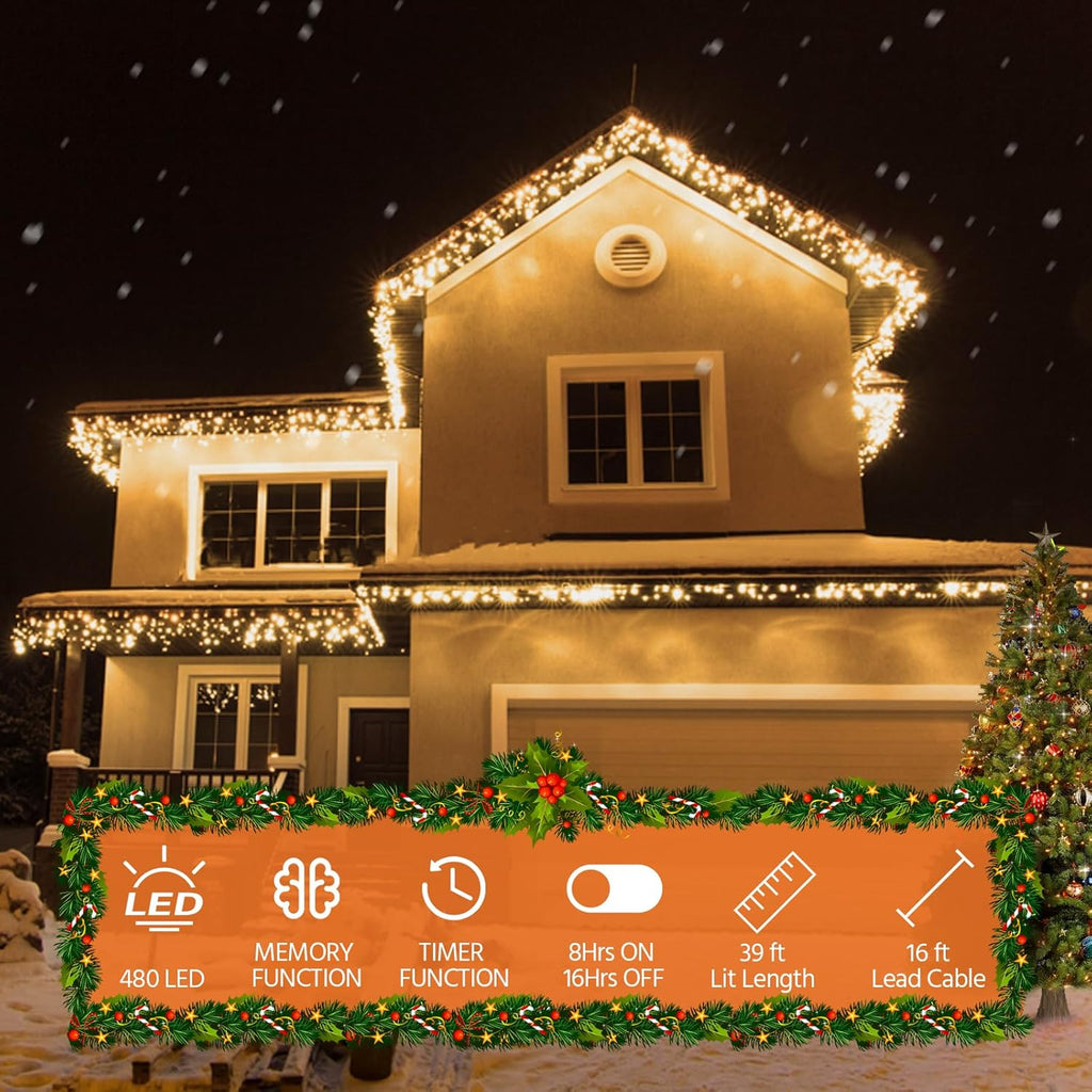USOKYO Icicle String Lights - 480 LED 39FT Twinkle Fairy Lights with 8 Modes & Timer | Warm White
