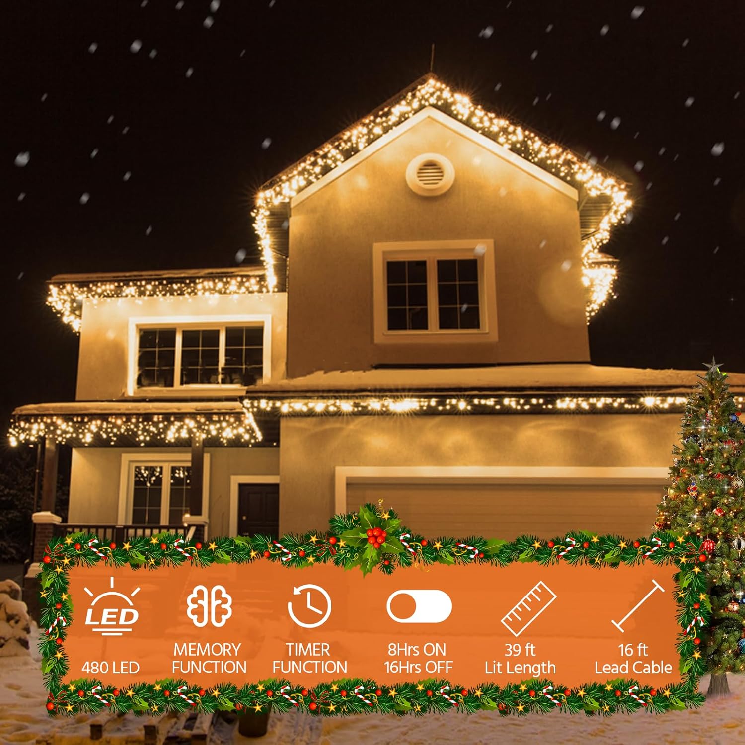 USOKYO Icicle String Lights - 480 LED 39FT Twinkle Fairy Lights with 8 Modes & Timer | Warm White