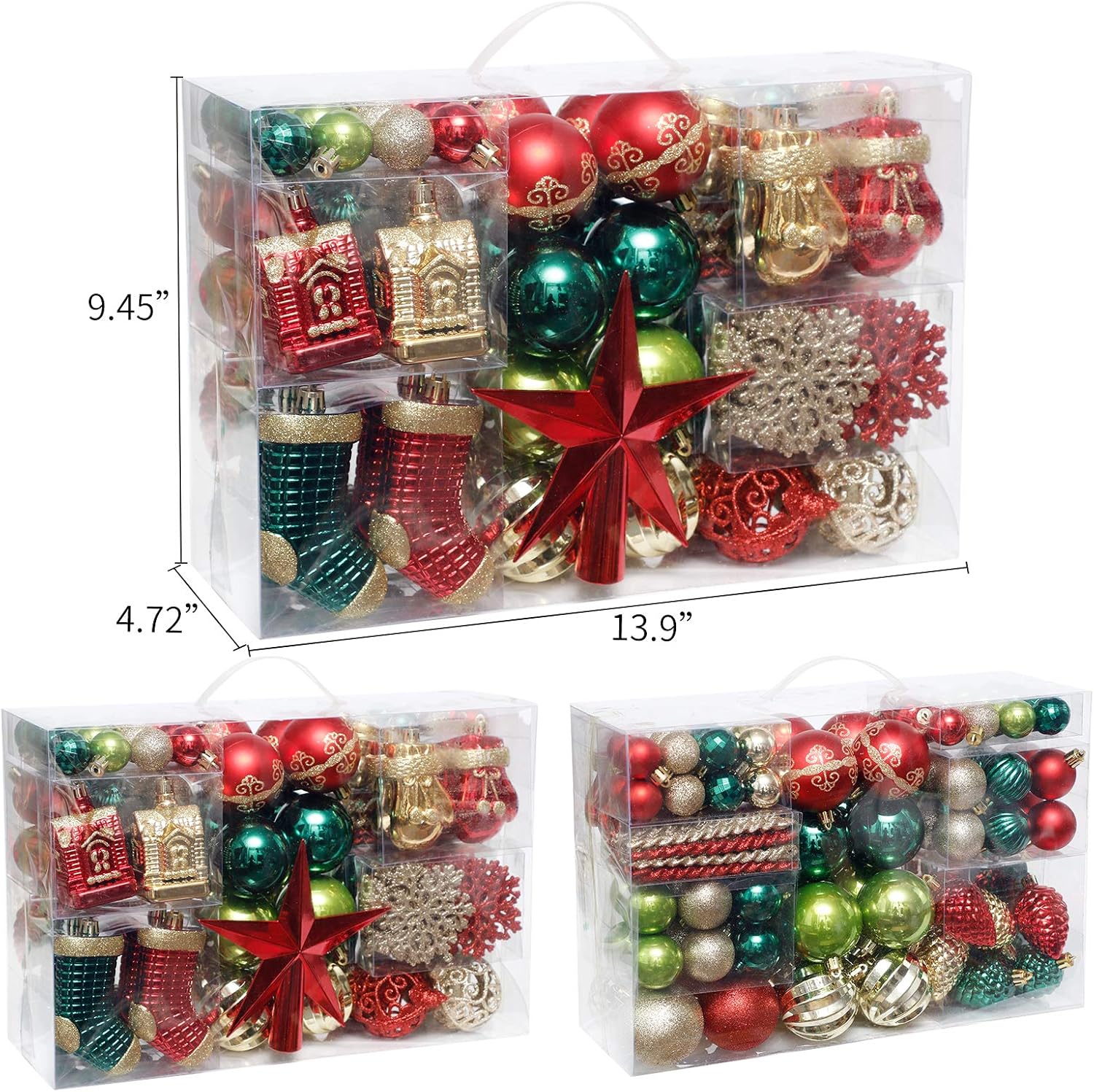 Roseleaf 132-Piece Christmas Tree Decoration Set - Shatterproof Red, Green & Gold Ornaments | Folk Art Style