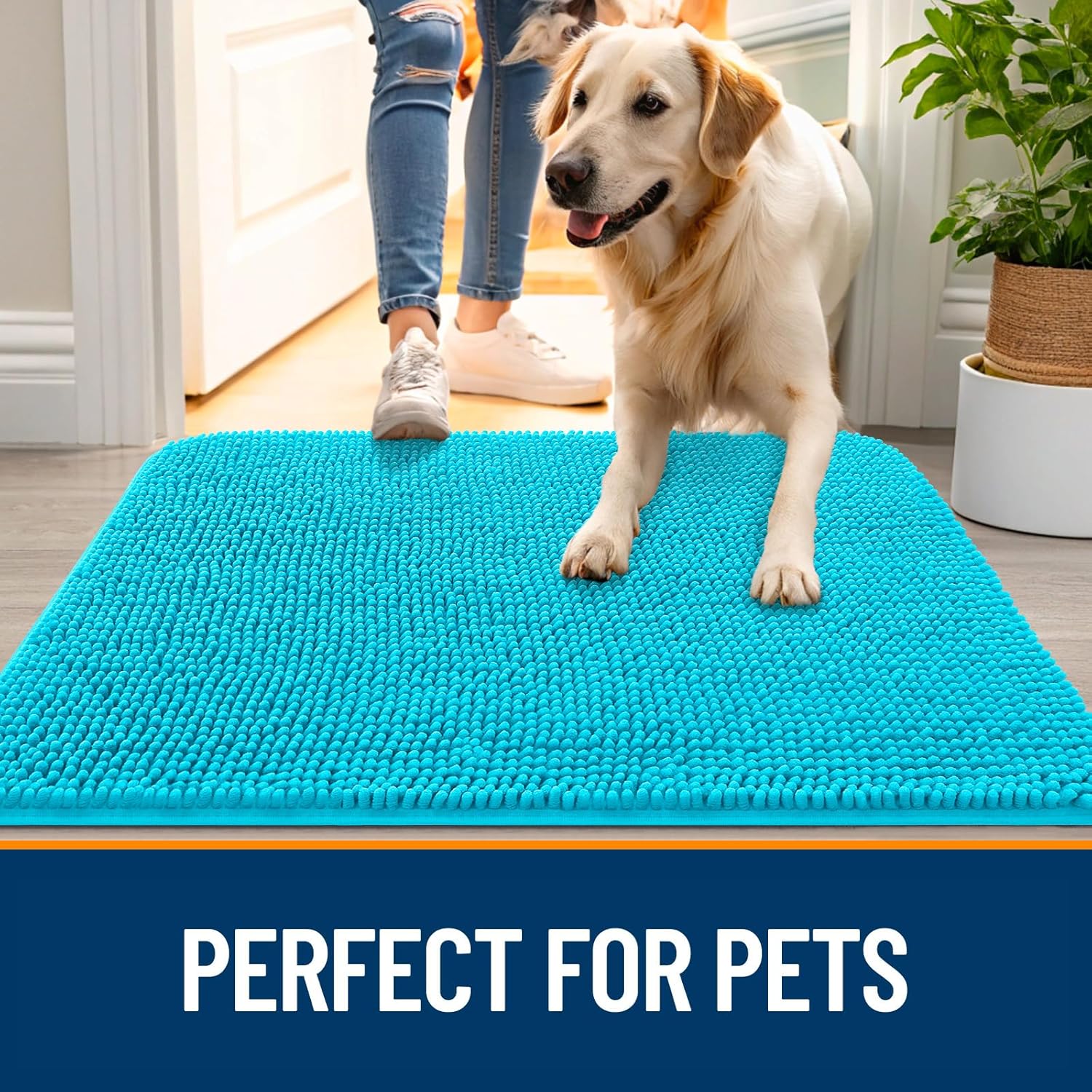 OLANLY Dog Door Mat - Absorbent Non-Slip Mud Mat for Indoor Use | Aqua Blue, 35x24 Inches