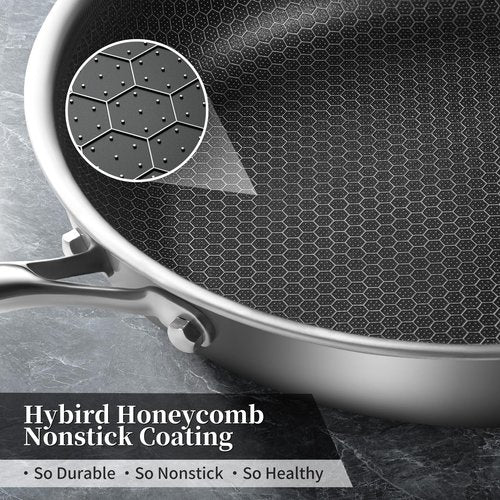 Innerwell Tri-Ply Stainless Steel Frying Pan Set with Lid,9.5Inch 11Inch Nonstick Honeycomb Stainless Steel Cooking Pan Set of 2 Skillet Works Pan for Cooking with Induction Gas Stovetops