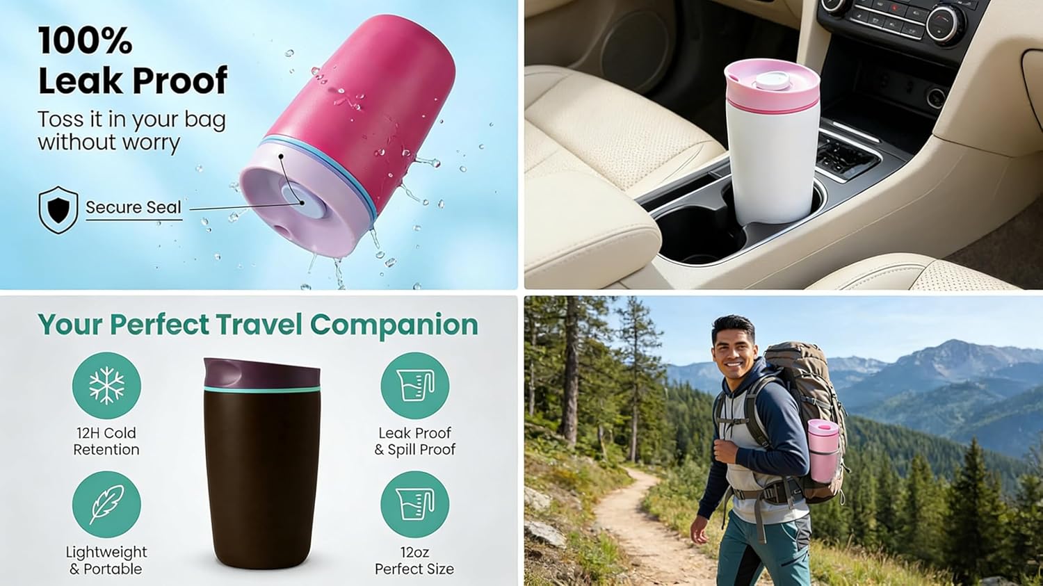 Skiennix Insulated Coffee Tumbler - 12 oz Stainless Steel Travel Mug for Hot & Iced Beverages | Black with Brown Lid