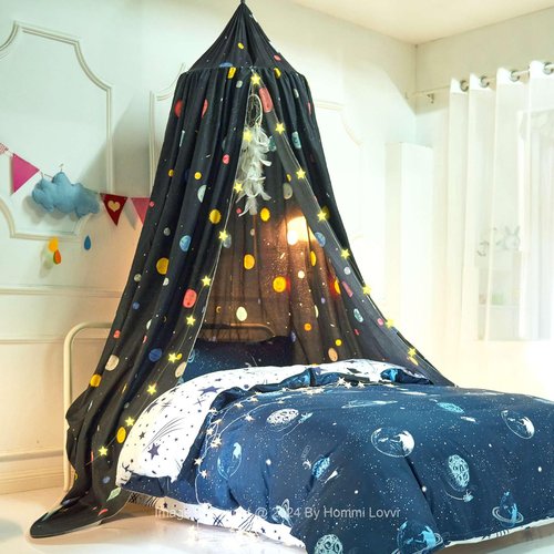 Hommi Lovvi Space Planets Print Kids Bed Canopy, Girls Princess Canopy Dreamy Room Decor, Soft Hanging Reading Nook Play Tent Canopy, Extra Large Full Size Bed Canopy with String Light