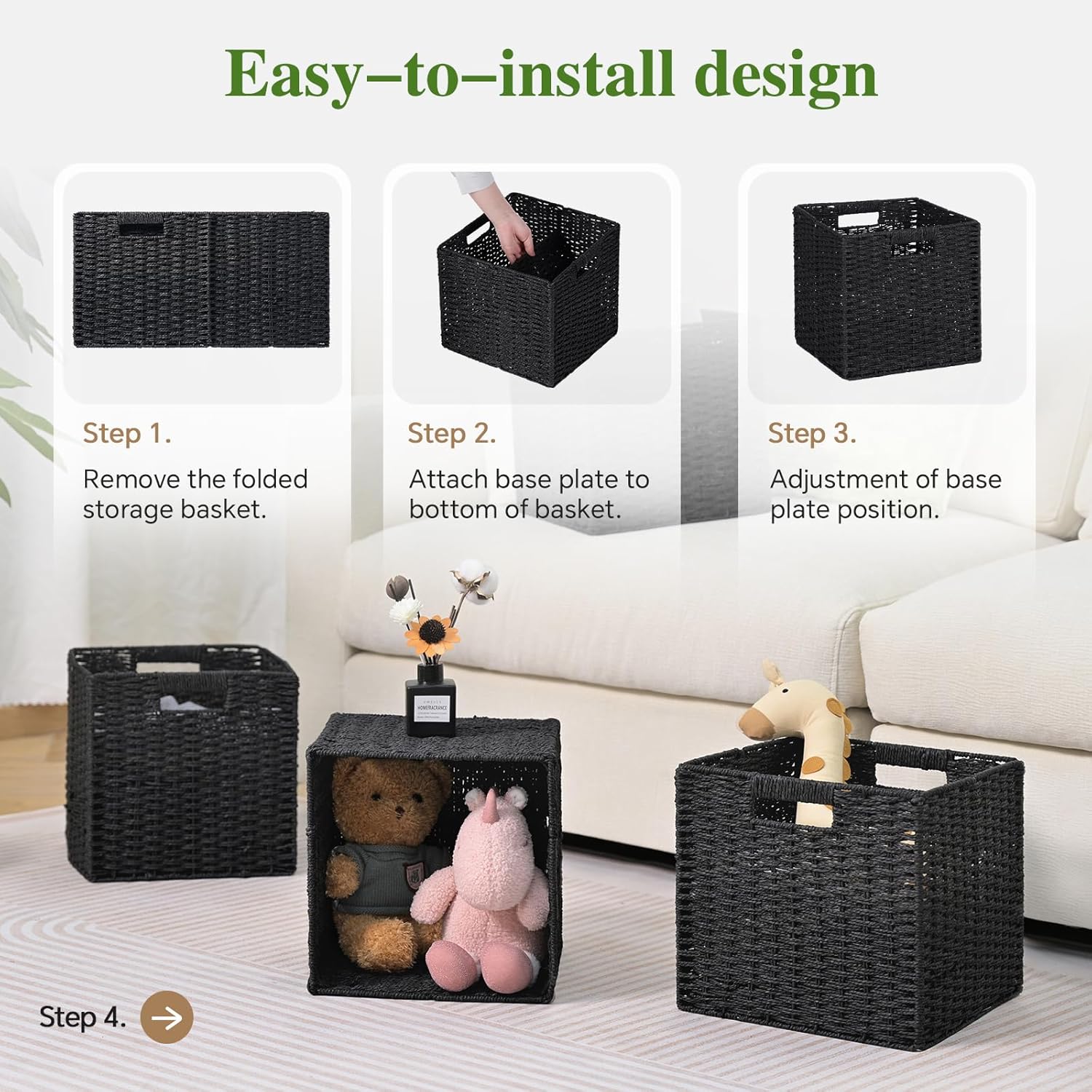 Skiennix Woven Wicker Storage Baskets - 2-Pack Handwoven Paper Rope Organizers | 11x11 Foldable Black Bins