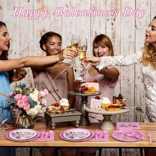 FoldTier 12 Set Galentine's Day Party Supplies Pink Happy Galentines Day Tableware Set Paper Plates and Cups Napkins Plastic Forks Spoons Knives for Valentine's Party Decorations