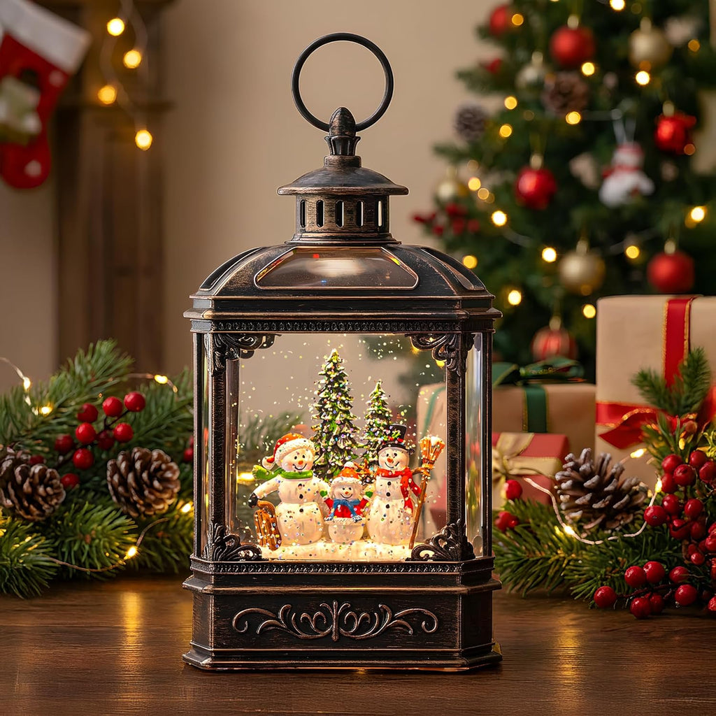 VISFLAIR Christmas Snow Globe - Lighted Snowman Family Musical Lantern with Swirling Glitter | Holiday Decor