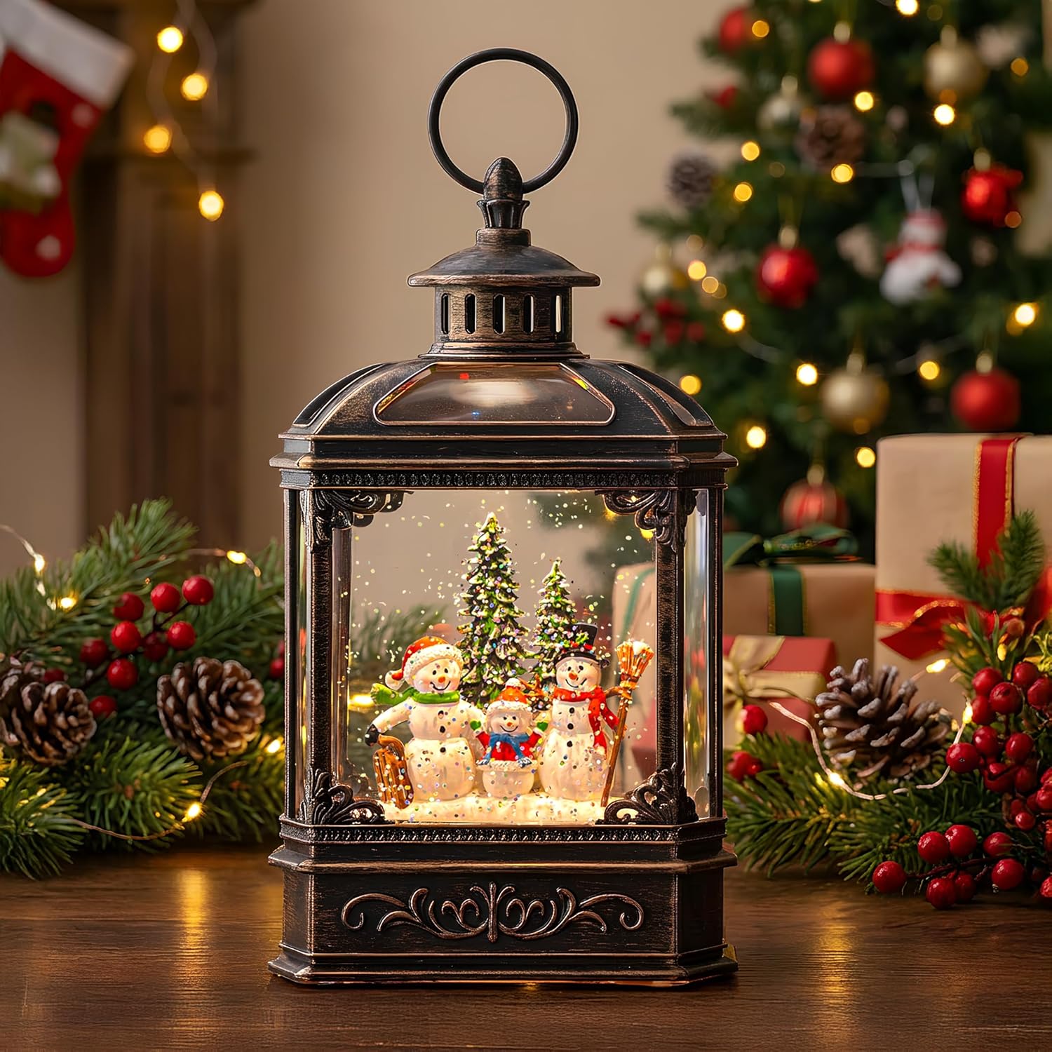 VISFLAIR Christmas Snow Globe - Lighted Snowman Family Musical Lantern with Swirling Glitter | Holiday Decor
