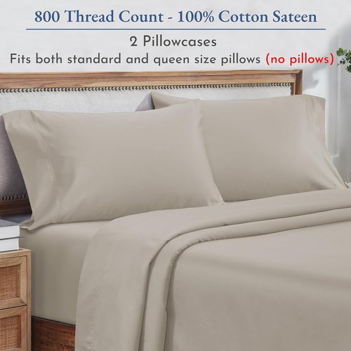California Design Den Pillow Cases - Set of 2 Standard Size, 800 Thread Count 100% Cotton Sateen - Beige