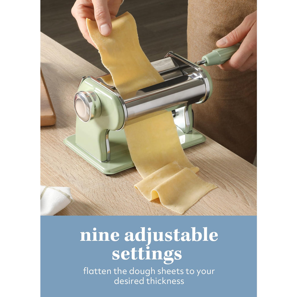 Sur La Table Kitchen Essential Va Bene Manual Pasta Maker Machine Noodle Maker w/Rollers & Cutters - Spaghetti, Fettuccini, Lasagna or Dumpling Skin - Stainless Steel/Juniper Green