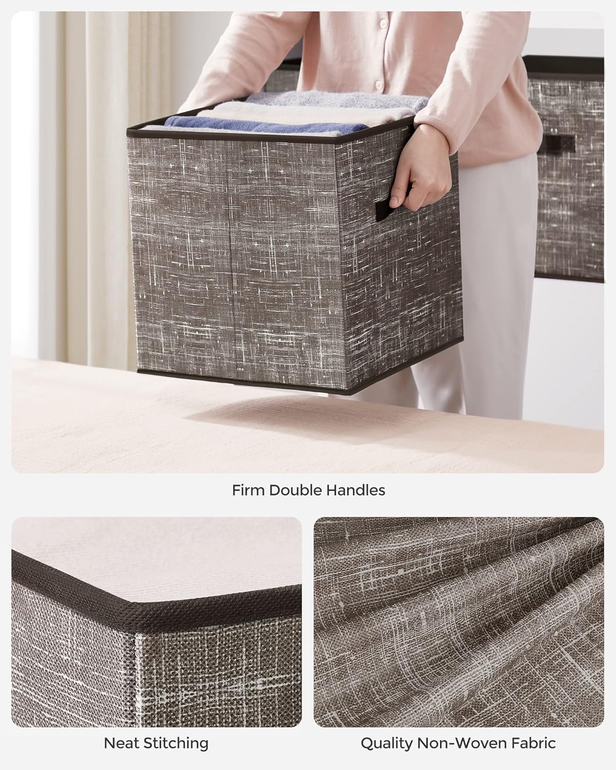 SONGMICS Storage Cubes - 13-Inch Non-Woven Fabric Bins with Double Handles - Set of 6, Walnut Color for Closet Organization