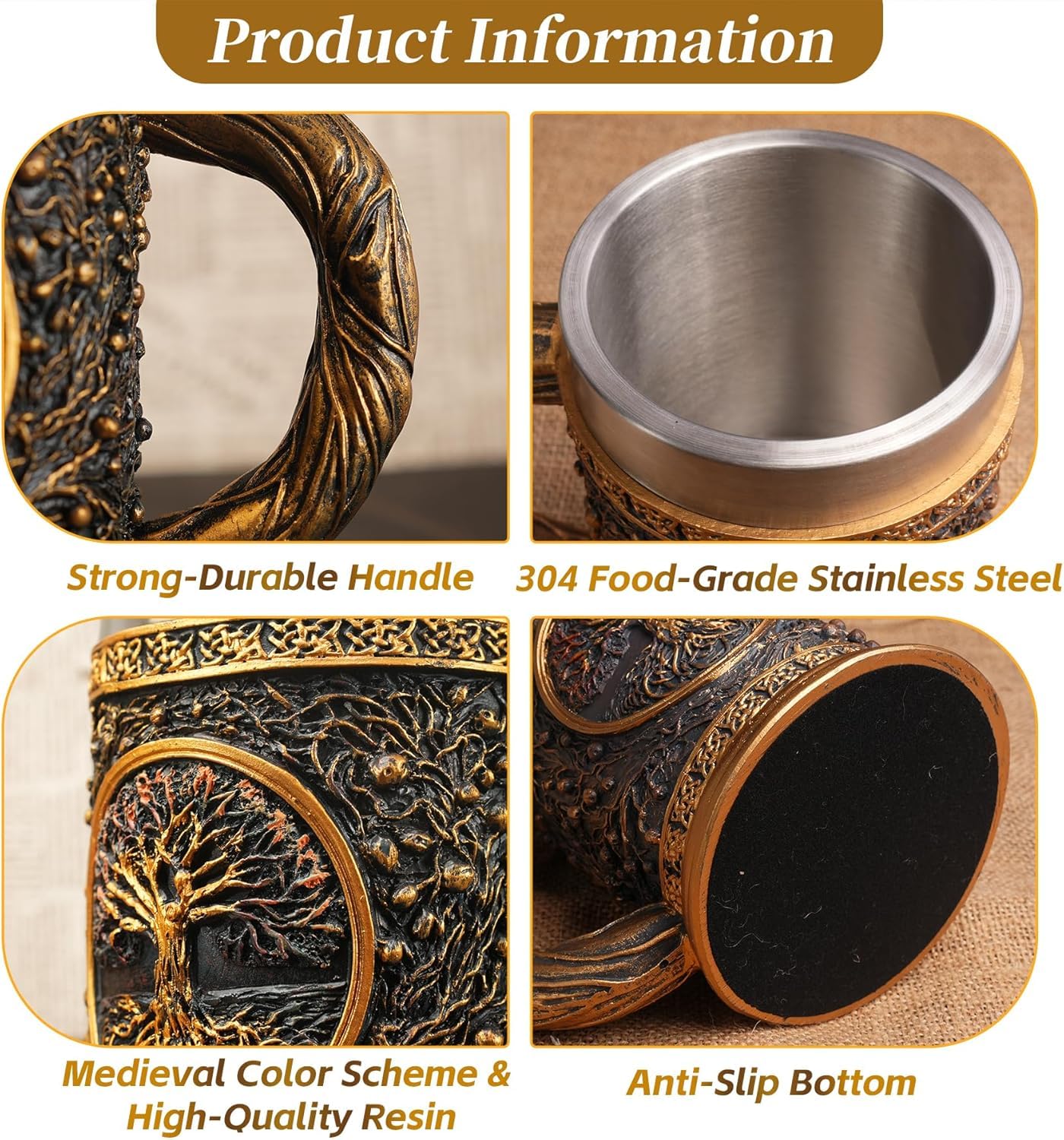 Original Handmade Viking Mug - 20oz Yggdrasil Tree of Life Beer Tankard - Stainless Steel Medieval Celtic Pirate Heavy Cup - Norse Mythology Decor Gifts for Men Women