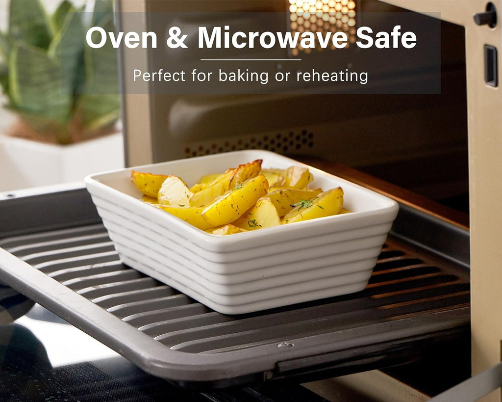 ONEMORE Small Baking Dish - Rectangle Ceramic Casserole for Oven | Set of 4, 5x7, White, Ideal for 1-2 Persons