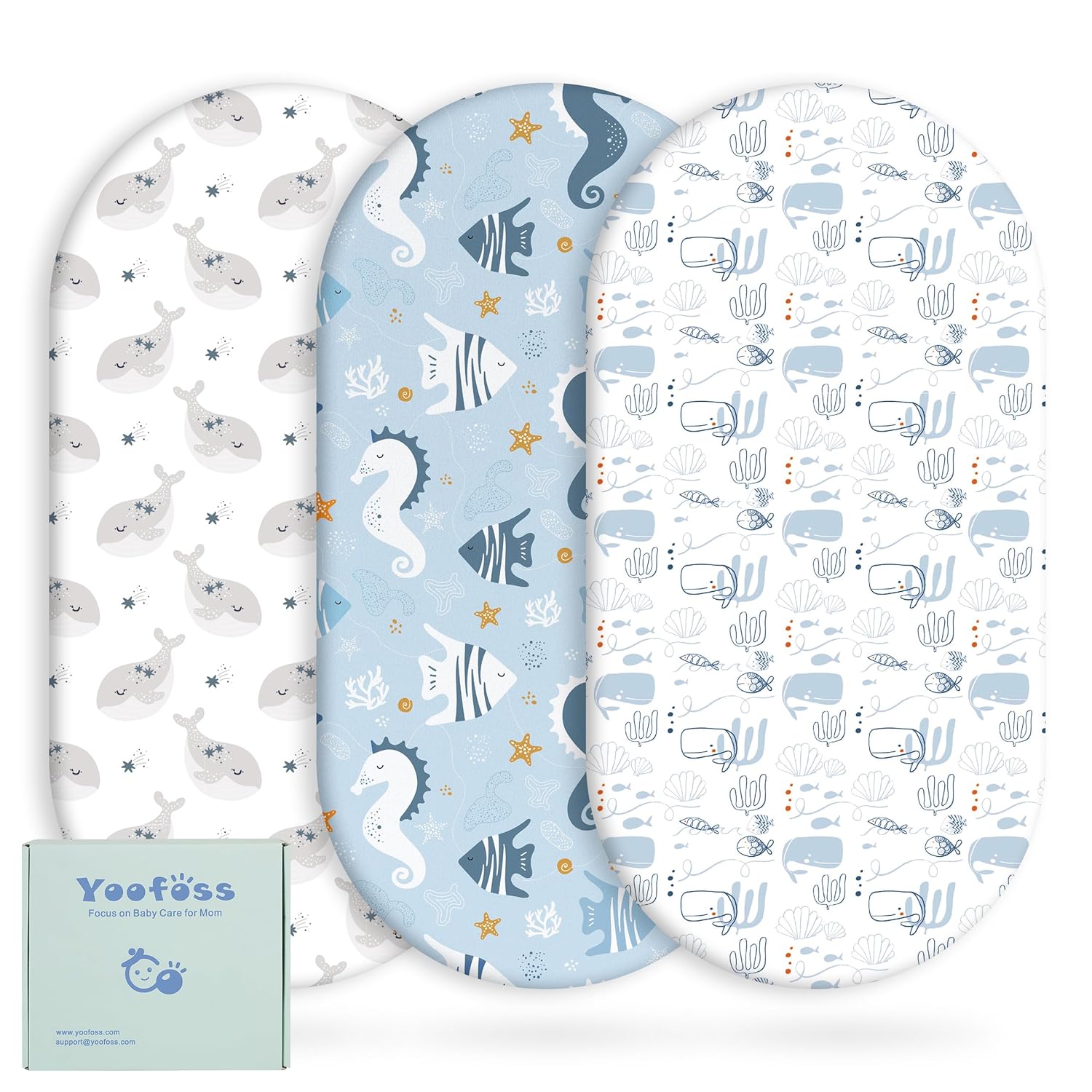 Yoofoss Bassinet Sheets - 3-Pack Fitted Baby Sheets for Halo & Baby Delight | Soft Breathable Blue & Seahorse