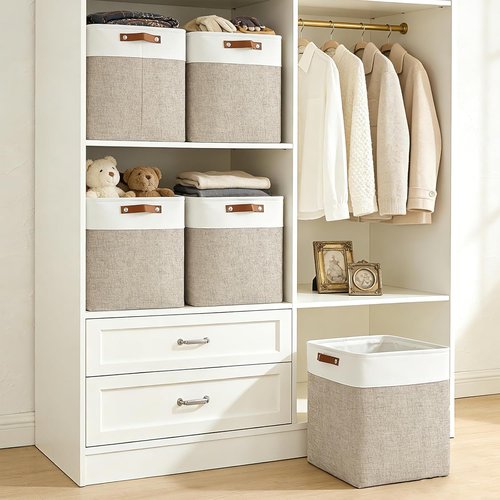 Bagnizer Large Fabric Storage Baskets - 50L Decorative Linen Bins with Handles for Organizing | Beige & White, 17x12x15 Inches