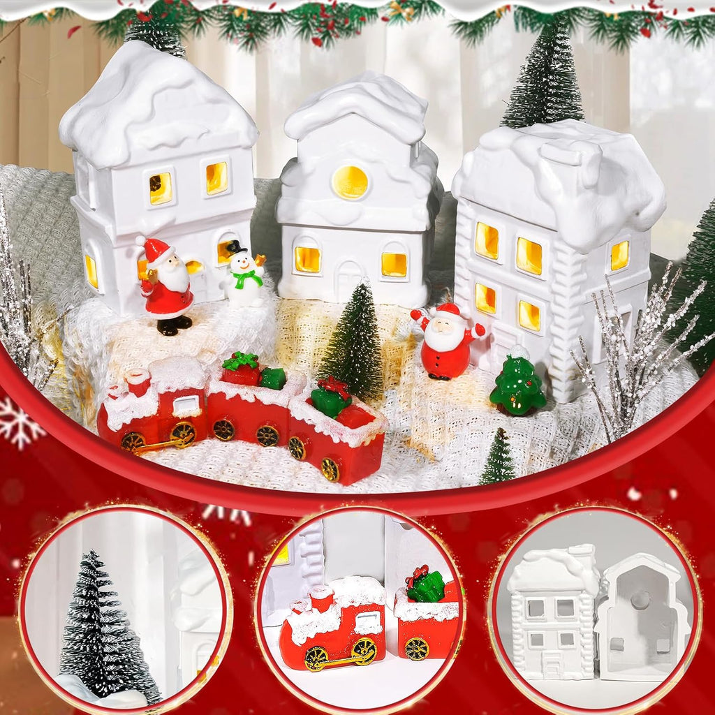 Wowagoga Ceramic Christmas Village Set - 21 Pcs White Resin Houses | 4.3 Inch Light-Up Decor Figurines