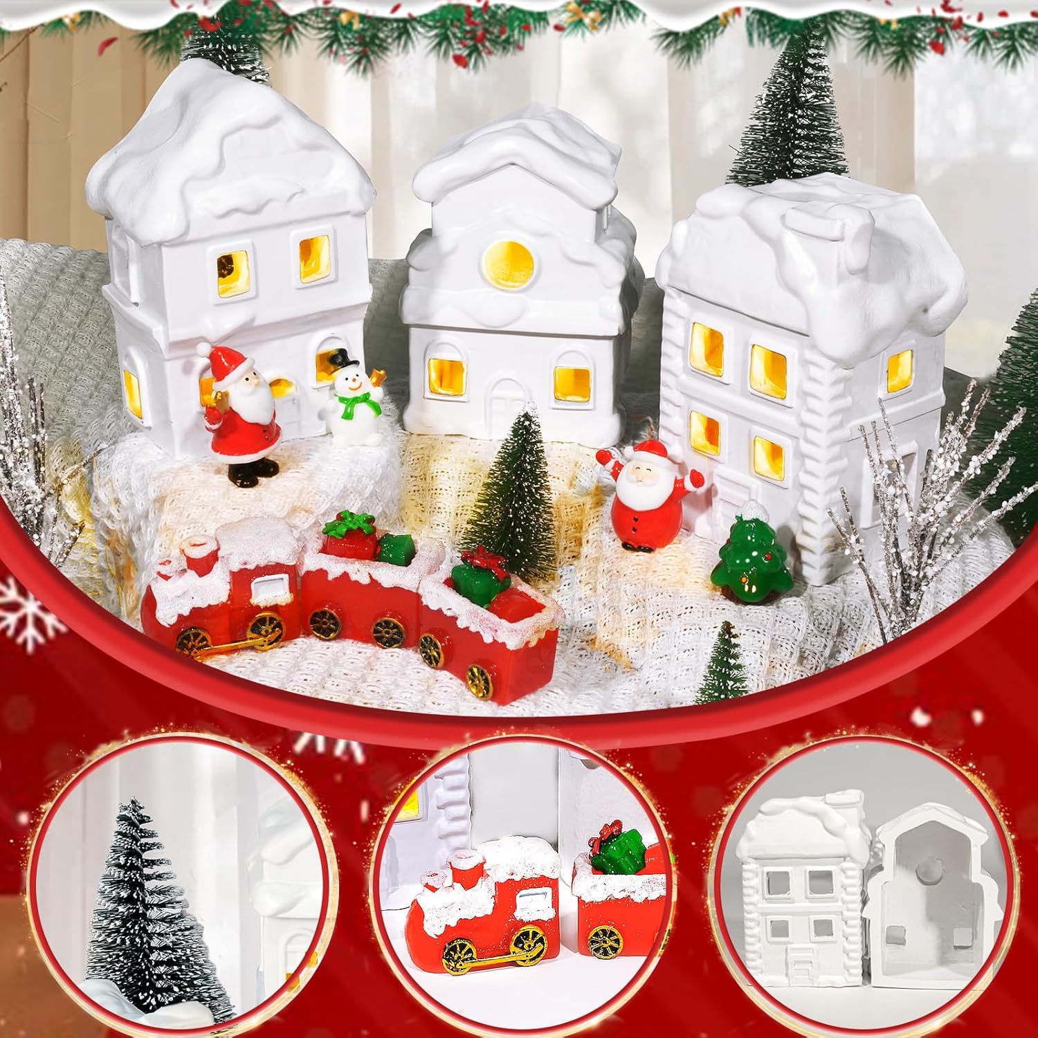 Wowagoga Ceramic Christmas Village Set - 21 Pcs White Resin Houses | 4.3 Inch Light-Up Decor Figurines