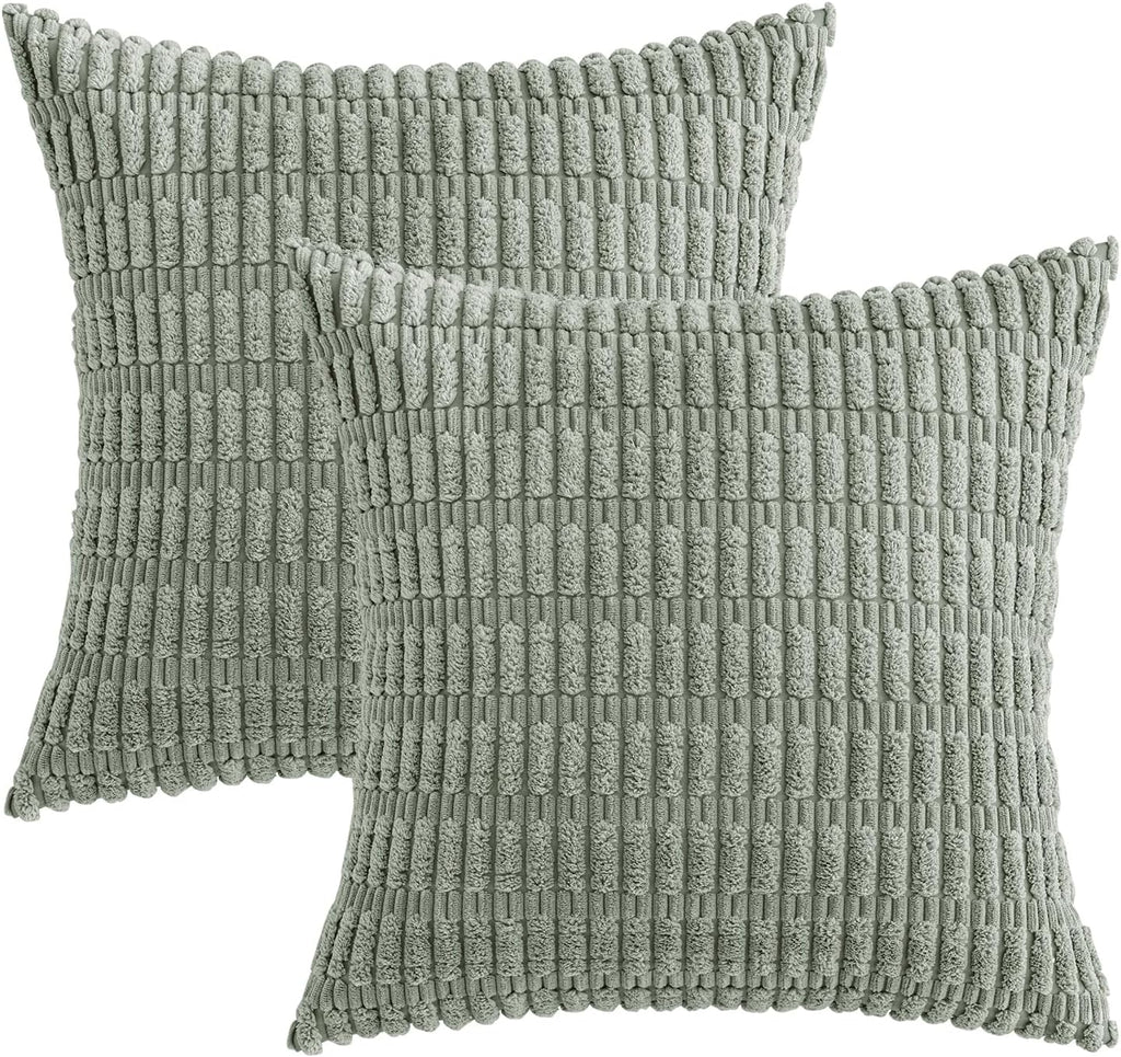 MIULEE Euro Sham Pillow Covers - Soft Boho Striped Corduroy | Pack of 2, 24x24 Inch, Greyish Green
