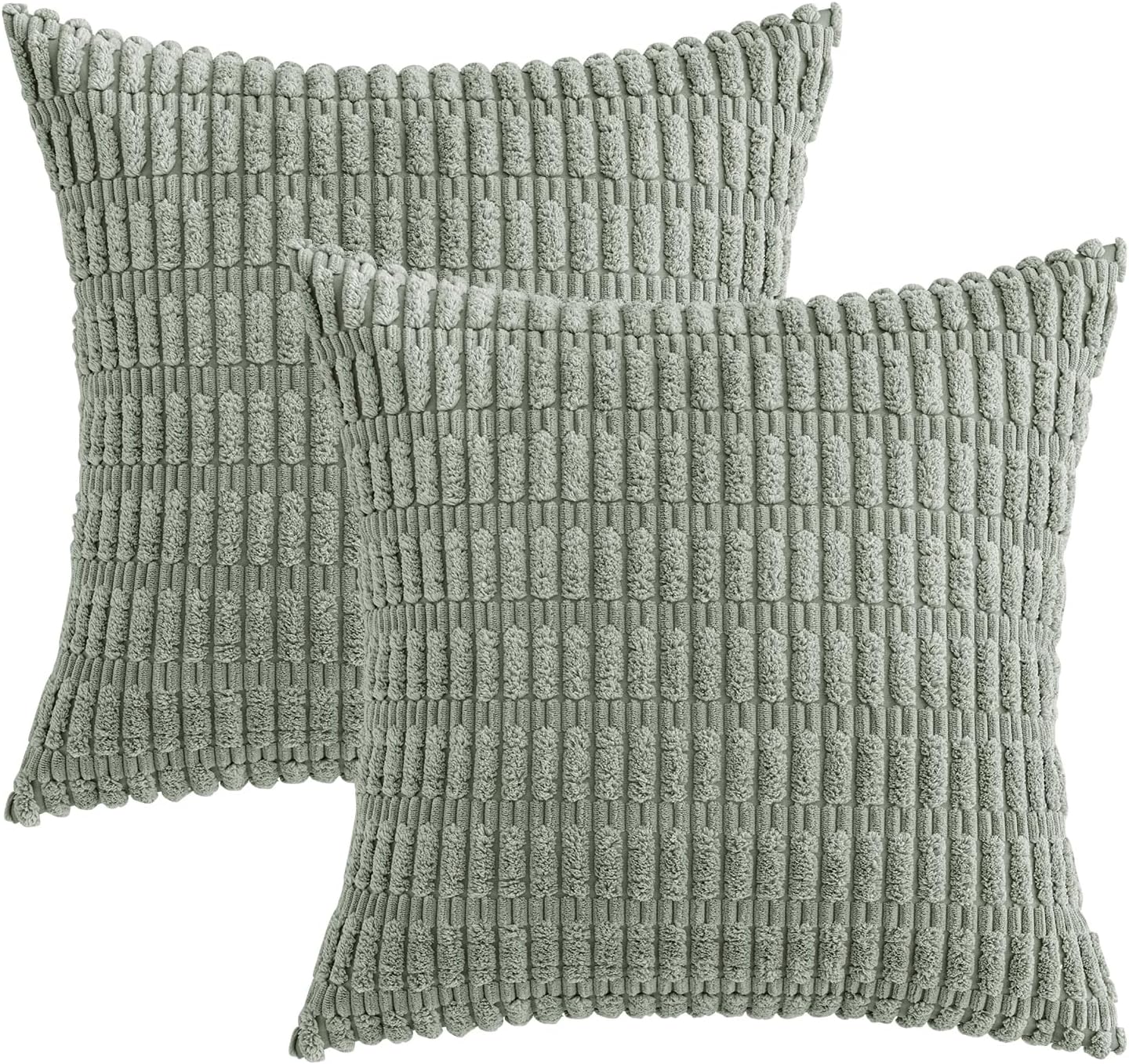MIULEE Euro Sham Pillow Covers - Soft Boho Striped Corduroy | Pack of 2, 24x24 Inch, Greyish Green